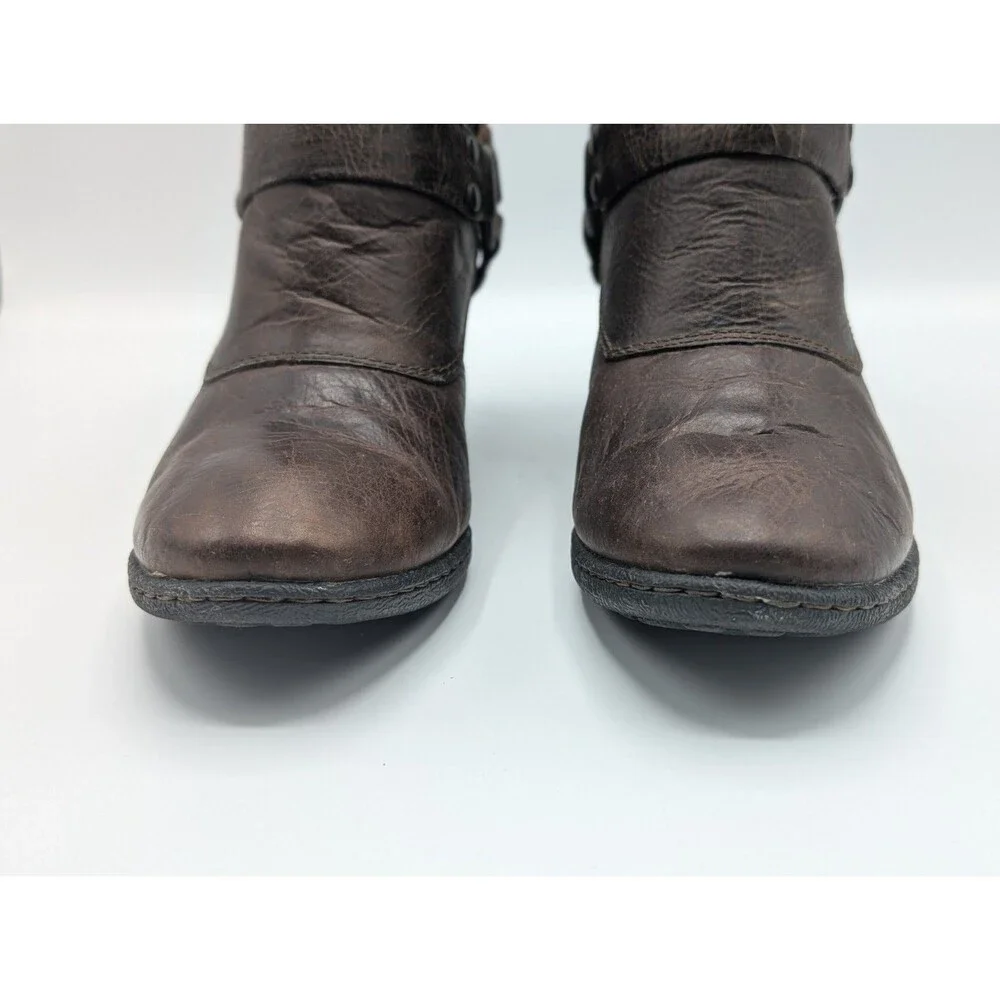 B.O.C Ankle Boots Women 8 Brown Leather Harness Block Heel Ring Buckle Strap